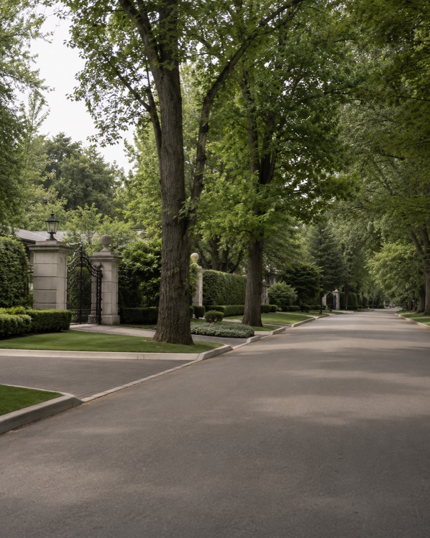 The Bridle Path, Toronto — stone gate pillars, wrought-iron gates, manicured hedges along a wide tree-lined street